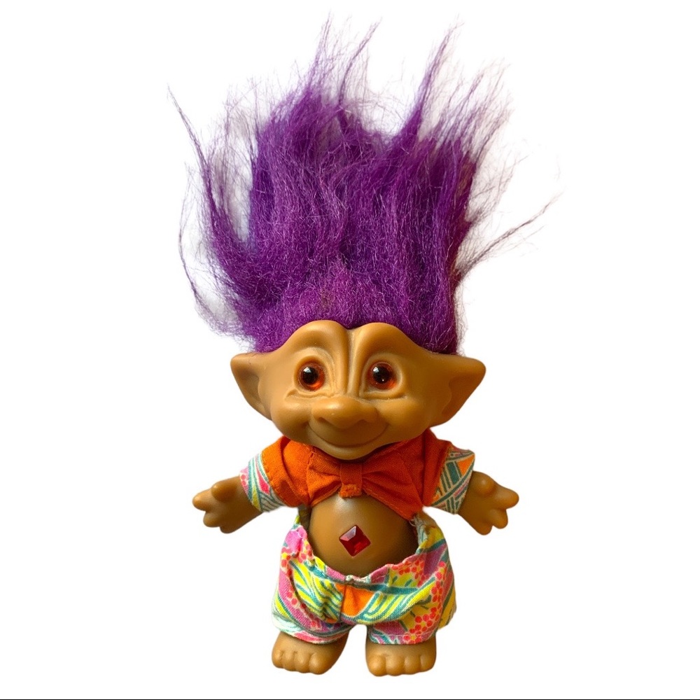 Vintage Trolls Doll Ace Novelty 80s 90s Purple Hair Jeweled Belly Button 4”